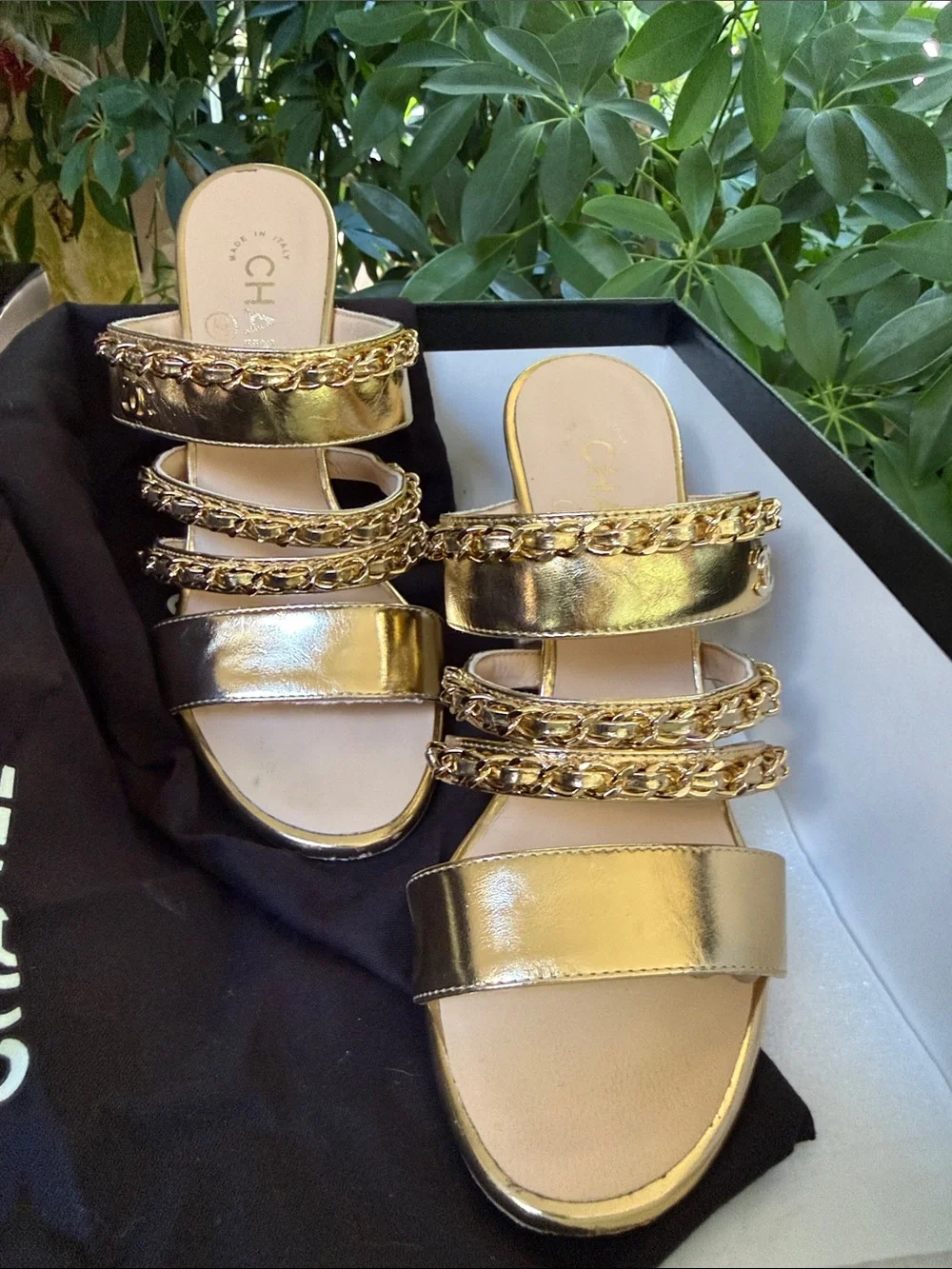 CHANEL Gold Chain-Trim High Block Heel Mules